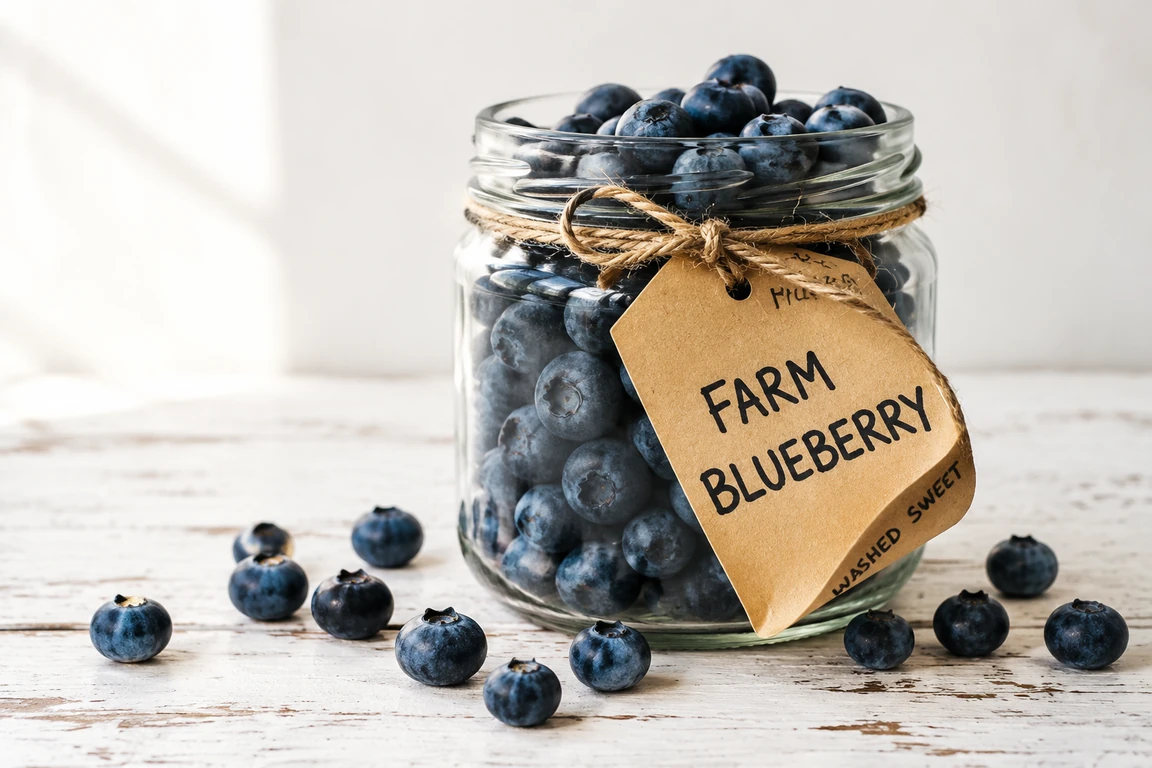 Blueberry jar before removing handwritten label text with AI