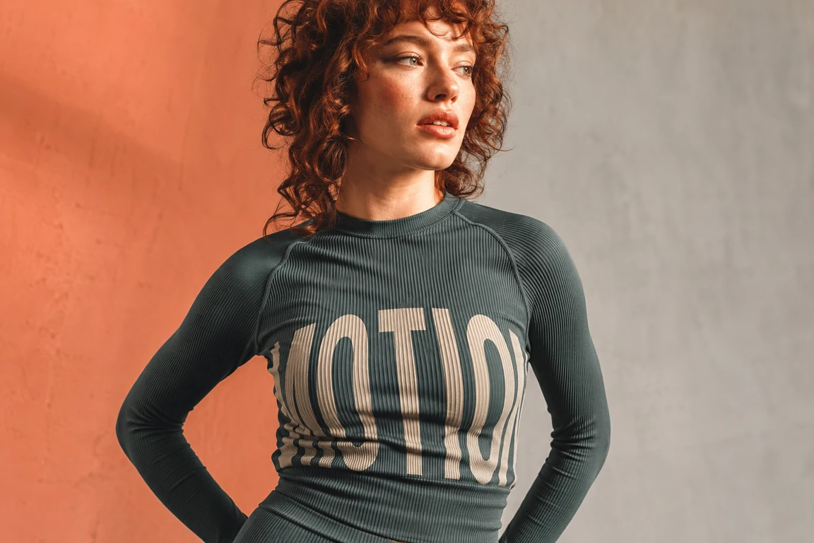 Fashion portrait before removing warped text from fabric